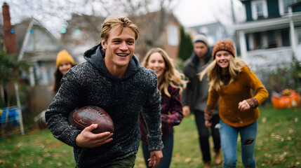 Fototapeta na wymiar Thanksgiving Football Game ,a common Thanksgiving tradition. A family or group of friends playing football in the yard