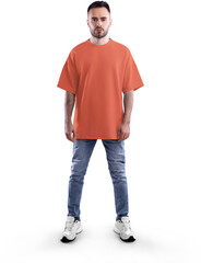 Fototapeta premium Mockup orange t-shirt oversize on a bearded man in full height, png, front view
