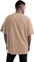 Mockup of nude, beige, tun oversized t-shirt on bearded guy, png, back view
