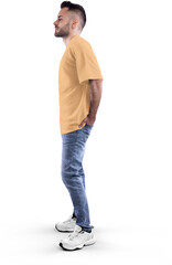 Mockup of nude, beige, tun oversized t-shirt on full-length bearded guy, png, side view