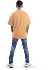 Mockup of nude, beige, tun oversized t-shirt on full-length bearded guy, png, back view