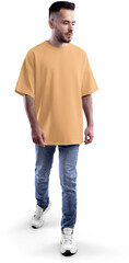 Mockup of nude, beige, tun oversized t-shirt on full-length bearded guy, png, front view