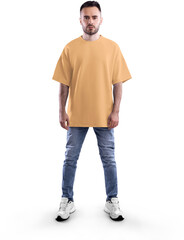 Mockup of nude, beige, tun oversized t-shirt on full-length bearded guy, png, front view