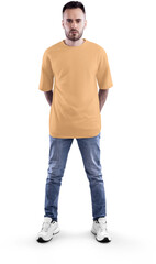 Mockup of nude, beige, tun oversized t-shirt on full-length bearded guy, png, front view
