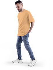 Mockup of nude, beige, tun oversized t-shirt on full-length bearded guy, png, side view