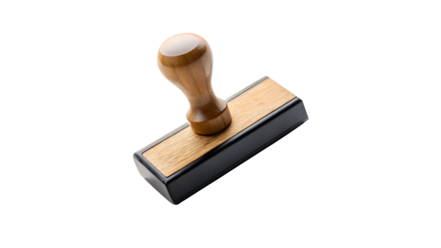 A classic wooden handled rubber stamp isolated on a white background for office use