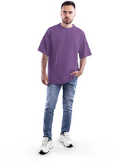 Mockup purple t-shirt oversize on a bearded man in full height, png, front view
