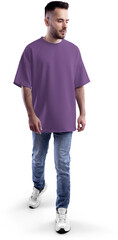 Mockup purple t-shirt oversize on a bearded man in full height, png, front view