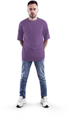 Mockup purple t-shirt oversize on a bearded man in full height, png, front view