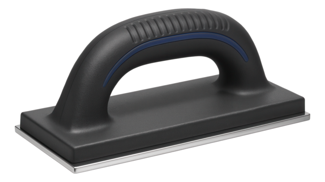 Ergonomic grout float with a curved handle for extended use in flooring projects.