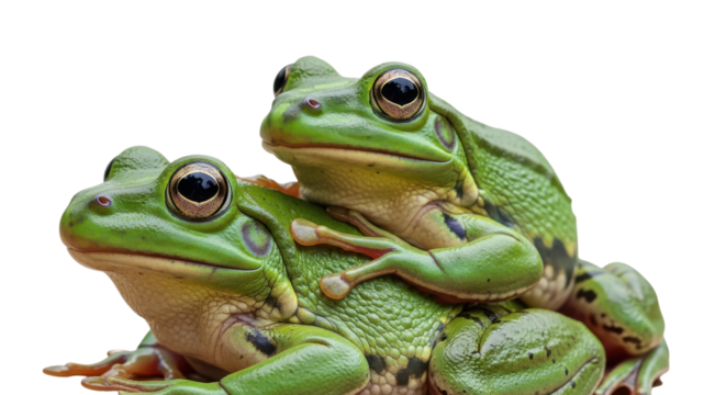 Two green tree frogs perched together isolated on a transparent background amphibian