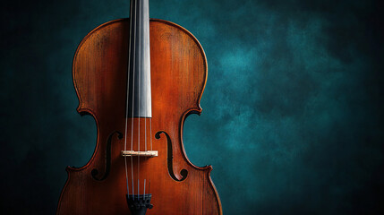 Elegant cello instrument with wooden body and soft teal background