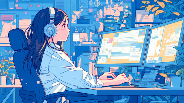 自宅やカフェでパソコンに向かって作業する女性のイラスト　仕事風景　テレワーク　オフィス不要の働き方　マルチタスクな日常　タイピング　集中力を表現した人物イラスト素材