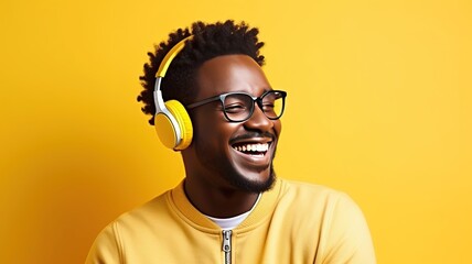 Young cute African American man smiling wearing casual clothes and headphone enjoying listening music overisolated on plain yellow background studio with copy space. Lifestyle concept