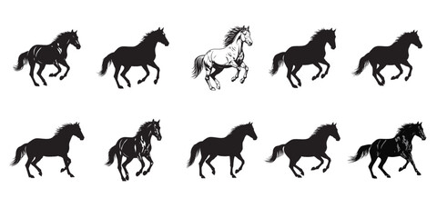 Set of Running and Rearing Horse Silhouettes on White