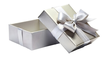 An elegant silver gift box with a satin ribbon and bow, isolated on a white background