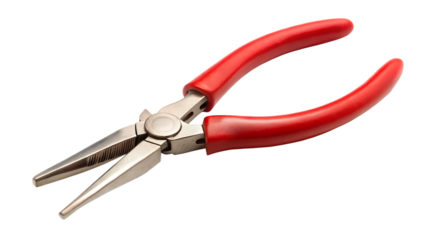 A pair of longnose pliers with red handles, isolated on a white background