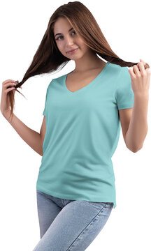 Mockup of light green t-shirt with v-neck on a girl, png, front view