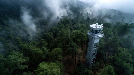 Aerial view of a fire tower surrounded by foggy forest landscape in nature environmental protection concept
