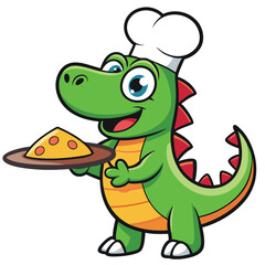 Obraz premium Chef Dinosaur Holding Pizza Slice
