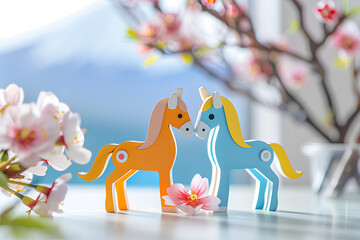 馬と梅の花と富士山（午年・干支・年賀状素材）-ヨコ