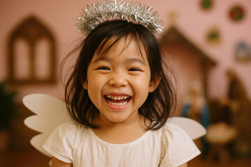 Joyful young girl dressed as an angel with silver halo, smiling brightly indoors during festive holiday celebration