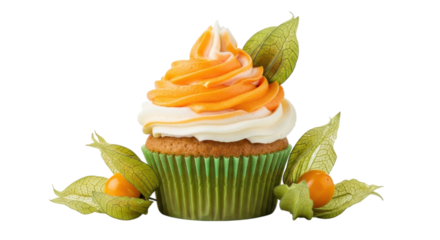 Orange and white frosted cupcake with physalis isolated on a transparent background