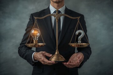 Man in suit holding scales with lightbulb and question mark representing balance and uncertainty