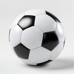 Naklejka premium Classic black and white soccer ball, slightly tilted, rests on a light gray background, showing subtle shadows and texture