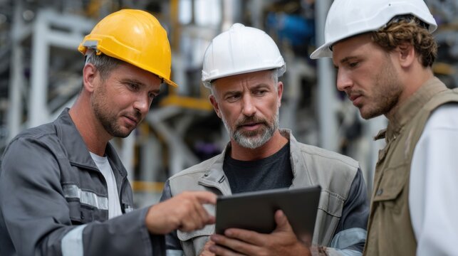 Team meeting on safety protocols industrial site group discussion outdoor environment close-up view workplace collaboration