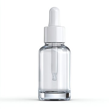 Clear glass bottle with a white dropper top, cylindrical shape, showcasing a minimalist design suitable for essential oils or serums