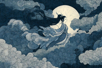 Artistic depiction of Chang’e, the Moon Goddess, in flowing robes surrounded by swirling blue clouds and a radiant full moon, symbolizing the Mid-Autumn Festival in East Asian cultures