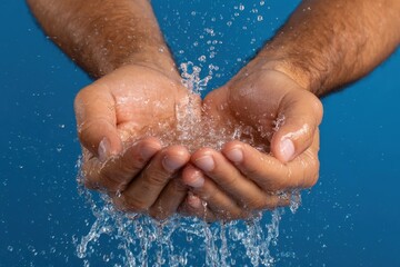 Fototapeta premium Hands cupping fresh water with droplets against a vibrant blue background