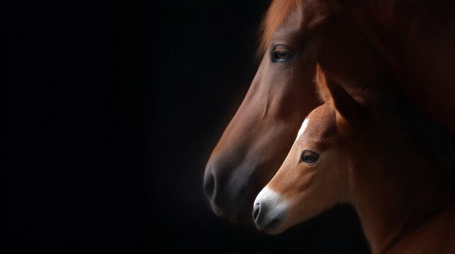 A mother horse and her foal stand closely together in a serene moment. The soft lighting highlights their gentle features. This image captures the bond between parent and child beautifully. AI - Powered by Adobe