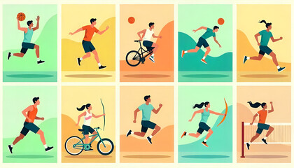 Fototapeta premium Dynamic vector sport silhouettes set illustrating diverse athletes in action, including basketball, soccer, running, tennis, and golf players