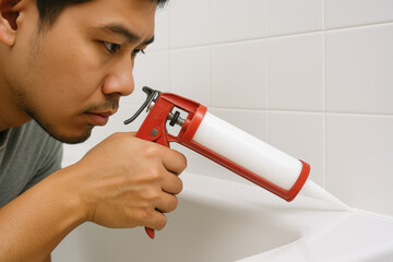 Focused man applying white silicone sealant to bathtub edge for waterproof caulking in home bathroom maintenance repair