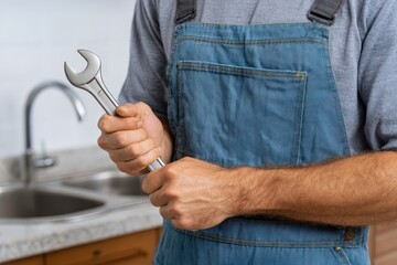 Plumber holding a wrench in front of a sink ready to fix the plumbing issue