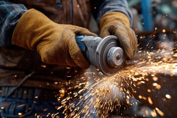 Worker using angle grinder with sparks flying in a workshop environment view