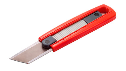 A sharp red utility cutter knife with a retractable blade, isolated on a white background