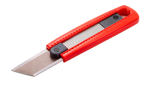 A sharp red utility cutter knife with a retractable blade, isolated on a white background