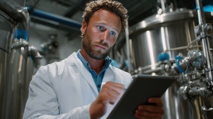 Research scientist conducting experiments in industrial laboratory technology data analysis modern environment focused viewpoint