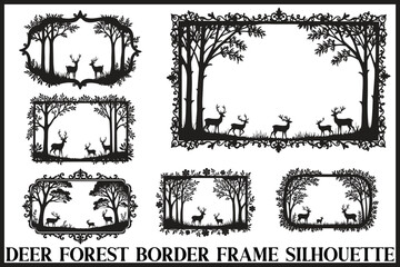Fototapeta premium Deer Forest Frame Silhouette Bundle