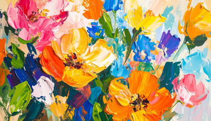 Botanical abstraction. Beautiful flowers. Thick acrylic daubs. Hand drawn art.