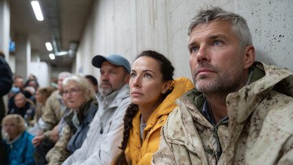 A group takes cover in a public air-raid shelter during a civil defense drill. Some sit, others stand by concrete walls, showing calm and alertness under lights, creating a high tension scene.