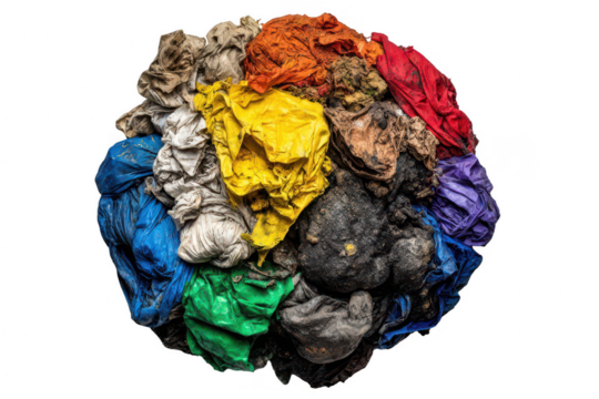 Colorful, crumpled fabric waste in a ball