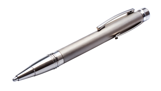 A sleek, metallic silver pen isolated on a clean white background, ready for writing