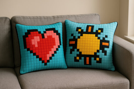 Colorful pixel art heart and sun pillows on cozy gray sofa in bright modern home living room interior