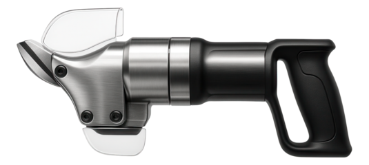 Electric-powered hydraulic shears with a clear safety shield for use in a production line setting.