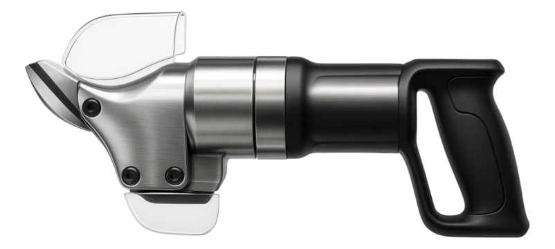 Electric-powered hydraulic shears with a clear safety shield for use in a production line setting.