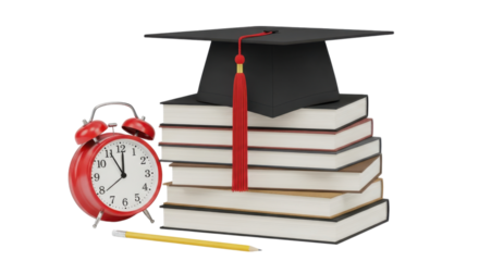 Graduation cap books alarm clock pencil isolated on a transparent background stack of books